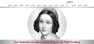 Auf der Zeichnung ist Helene Sedlmayr mit Zeitleiste und Beschriftung zu sehen. Die Zeitleiste verdeutlicht das Jahr 1813.