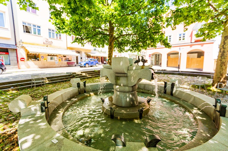 Das Foto zeigt den Brunnen am Vormarkt an einem schönen Sommertag.