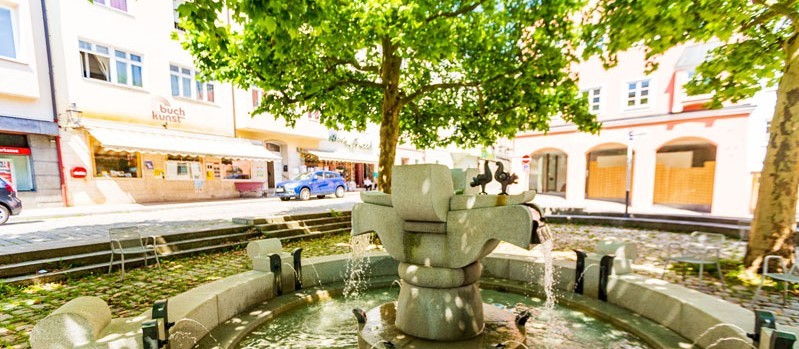 Das Foto zeigt den Brunnen am Vormarkt an einem schönen Sommertag.
