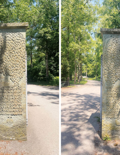 SCHMIDT, Dieter: „Friedhof Eingangstor-Einfassung“, 1984, Text des Johannes-Evangeliums, Anröchter Dolomit. Friedhof, Pechleraustraße